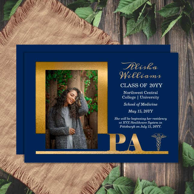 Elegant Gold PA Caduceus 1 Foto Blue Grad Ankündigung (Elegant Gold Tone "PA" Physician's Assistant Caduceus One Photo Blue Graduation Announcement )