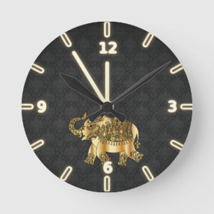 Elegant Gold Paisley Elephant,Black Damask Runde Wanduhr