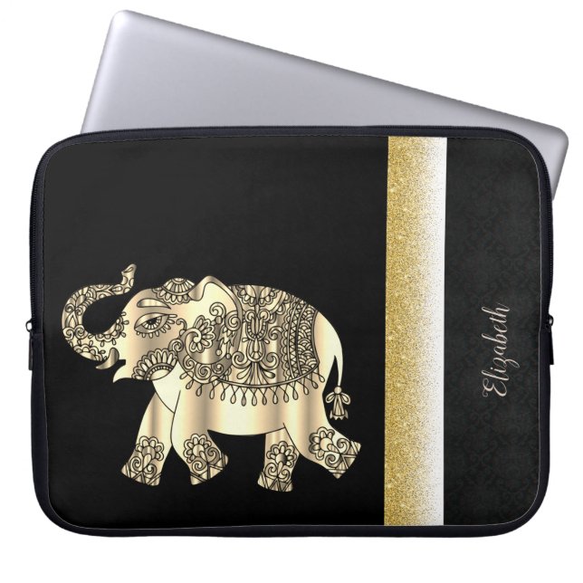 Elegant Gold Paisley Elephant, Damask - Personalis Laptopschutzhülle (Vorderseite)