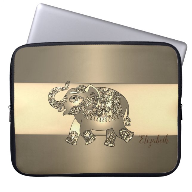 Elegant Gold Paisley Elephant - Personalisiert Laptopschutzhülle (Vorderseite)
