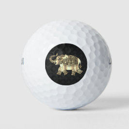 Elegant Gold Paisley Floral Elephant, Black Damask Golfball