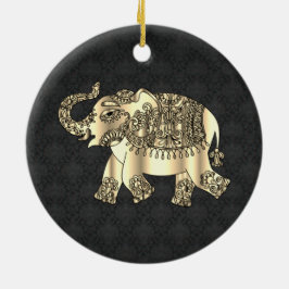 Elegant Gold Paisley Floral Elephant, Black Damask Keramik Ornament