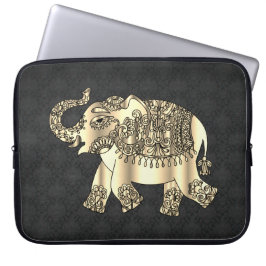 Elegant Gold Paisley Floral Elephant, Black Damask Laptopschutzhülle