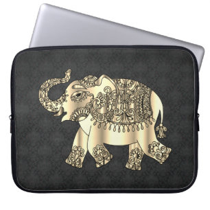 Elegant Gold Paisley Floral Elephant, Black Damask Laptopschutzhülle