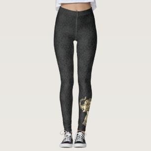 Elegant Gold Paisley Floral Elephant, Black Damask Leggings