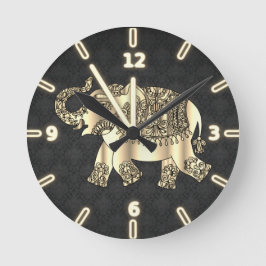 Elegant Gold Paisley Floral Elephant, Black Damask Runde Wanduhr