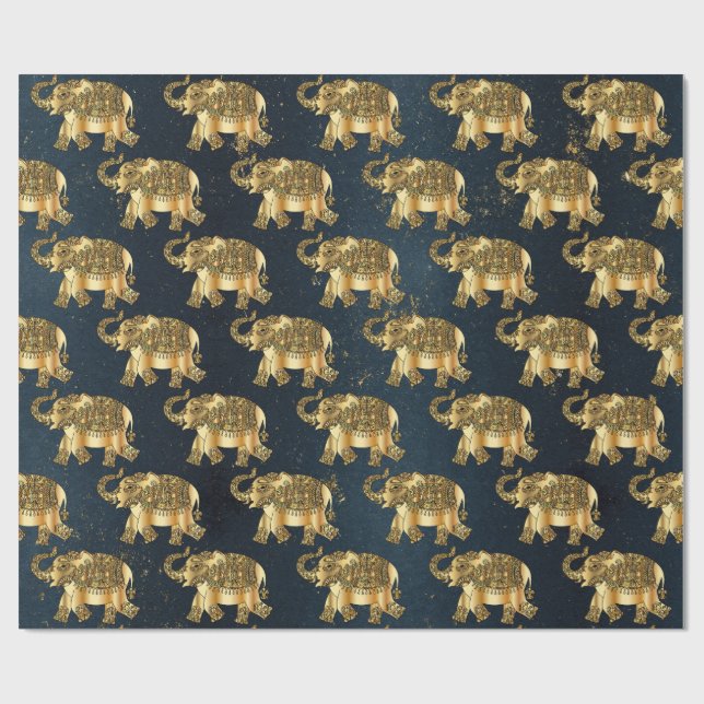 Elegant Gold Paisley Floral Elephant, Dunkelblau Geschenkpapier (Flach)
