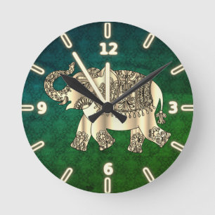 Elegant Gold Paisley Floral Elephant, Green Damask Runde Wanduhr
