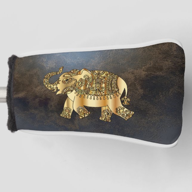 Elegant Gold Paisley Floral Elephant, Lederlook Golf Headcover (Vorderseite)