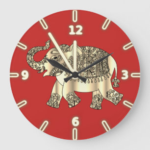 Elegant Gold Paisley Floral Elephant, rot Große Wanduhr