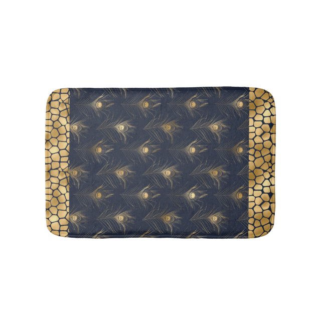 Elegant Gold Peacock Navy Blue Print Stilvoll Badematte (Vorderseite)