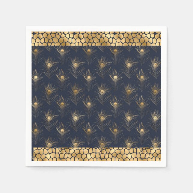 Elegant Gold Peacock Navy Blue Print Stilvoll Serviette (Vorderseite)