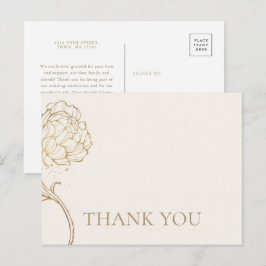 Elegant gold peony line art Thank You postcard Einladungspostkarte