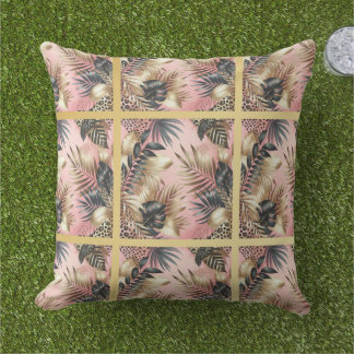 Elegant Gold, Pink and Black Jungle Leaf Pattern Kissen