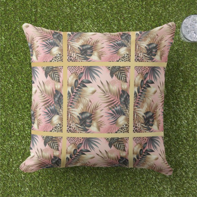 Elegant Gold, Pink and Black Jungle Leaf Pattern Kissen (Gras)