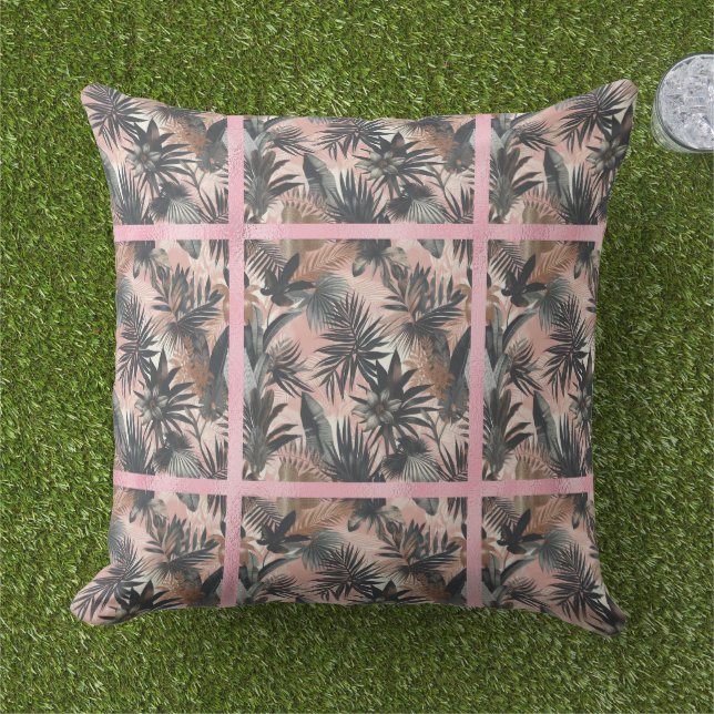Elegant Gold, Pink and Black Jungle Leaf Pattern Kissen (Gras)