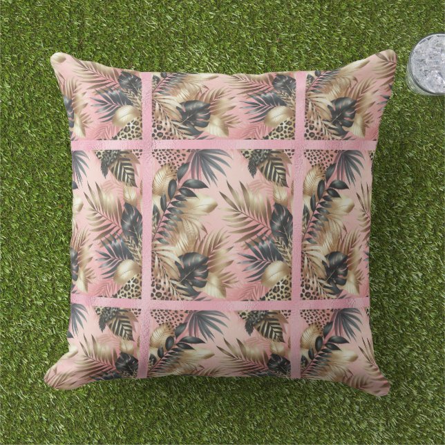 Elegant Gold, Pink and Black Jungle Leaf Pattern Kissen (Gras)