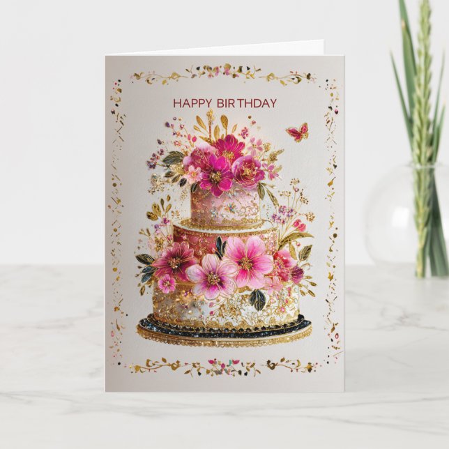 Elegant Gold & Pink Birthday Cake Card Karte (Vorderseite)