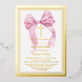 Elegant Gold Pink Bow Girl 1. Geburtstag Taufe Folieneinladung