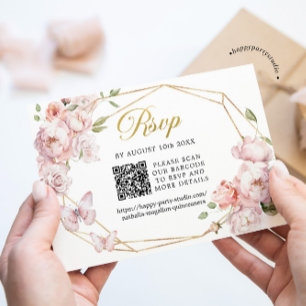 Elegant Gold Pink Floral Mis Quince Años QR RSVP Karte