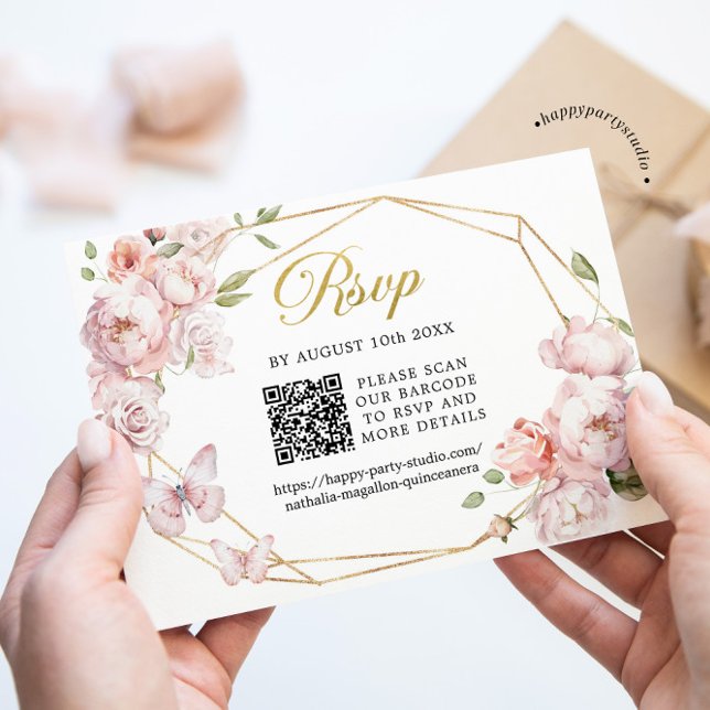 Elegant Gold Pink Floral Mis Quince Años QR RSVP Karte (Von Creator hochgeladen)