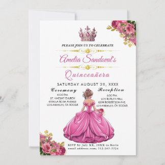 Elegant Gold Pink Floral Quinceanera Einladung