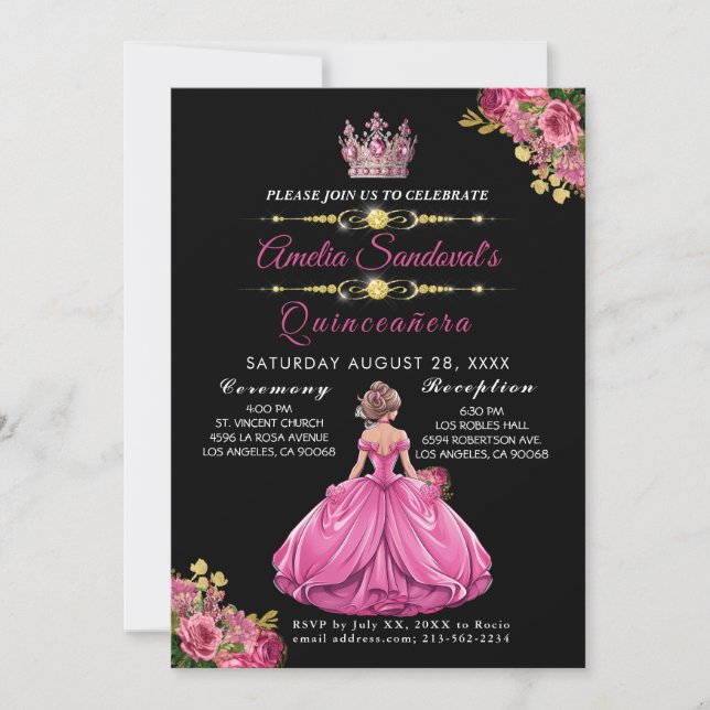 Elegant Gold Pink Floral Quinceanera Einladung (Vorderseite)