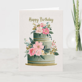 Elegant Gold, Pink & Green Floral Birthday Cake Karte