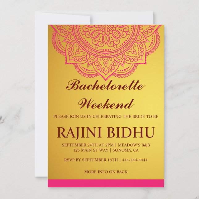Elegant Gold Pink Paisley Bachelorette Weekend Inv Einladung (Vorderseite)