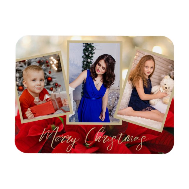 Elegant Gold Poinsettia Frohe Weihnachten 3 Fotos Magnet (Horizontal)