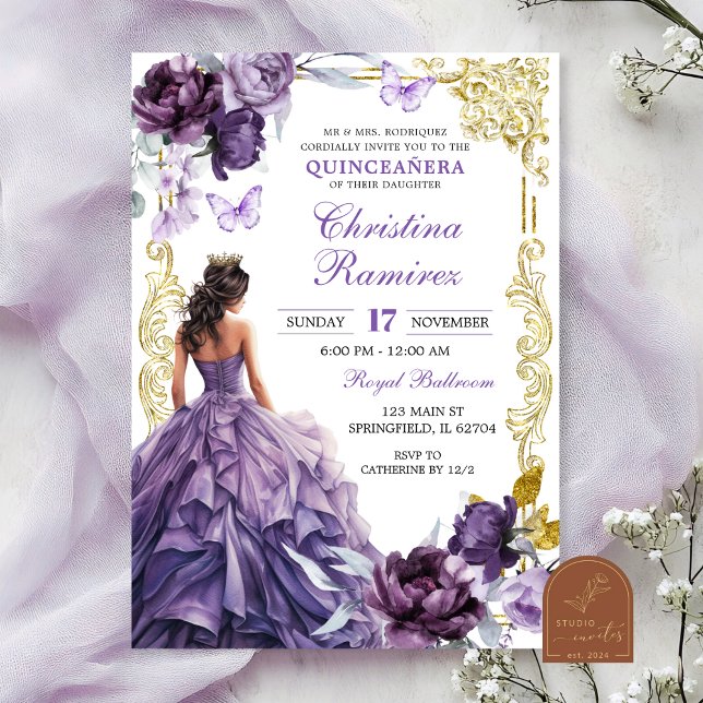 Elegant Gold Purple Princess Quinceanera Einladung (Von Creator hochgeladen)