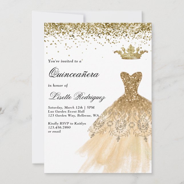 Elegant Gold Quinceanera Einladung (Vorderseite)