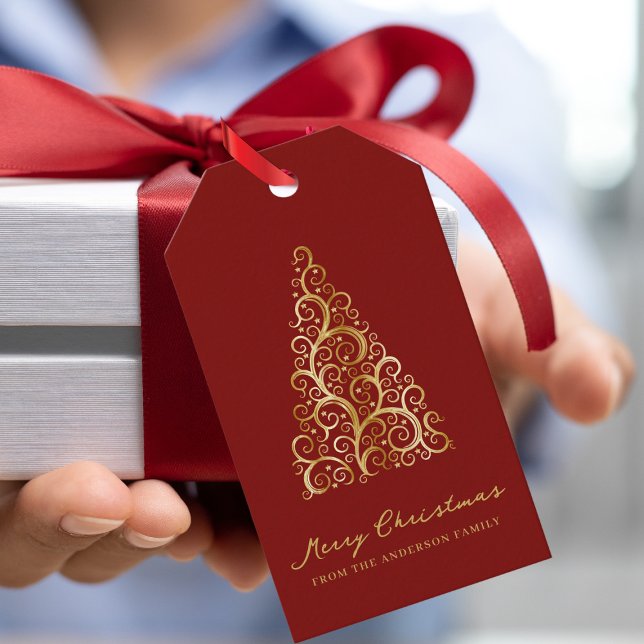Elegant Gold Red Christmas Tree Custom Geschenkanhänger (Von Creator hochgeladen)