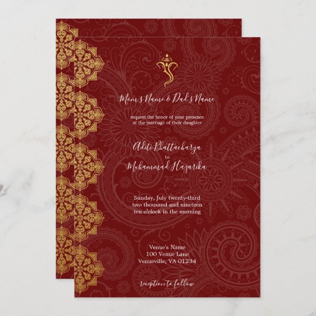 Elegant Gold & Red Ganesha Indian Wedding Einladung (Vorne/Hinten)