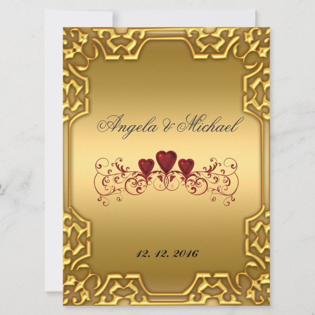 Elegant Gold Red Hearts Einladung Hochzeit (Vorderseite)