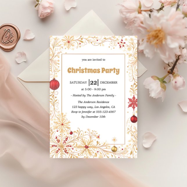 Elegant Gold & Red Ornaments Christmas Party       Einladung (Von Creator hochgeladen)