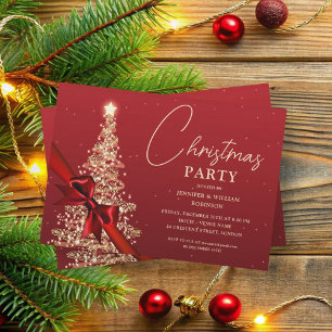 Elegant Gold Red Shimmering Xmas Tree Holiday Einladung