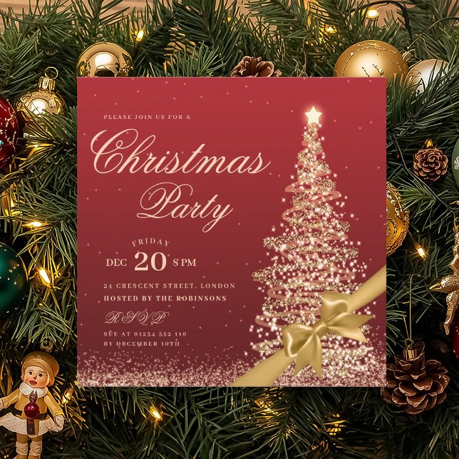 Elegant Gold Red Winter Christmas Tree Bow Party  Einladung (Elegant Gold Red Winter Christmas Tree Bow Party Invitation)