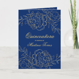 Elegant Gold Royal Blue Fine Floral Quinceanera Einladung