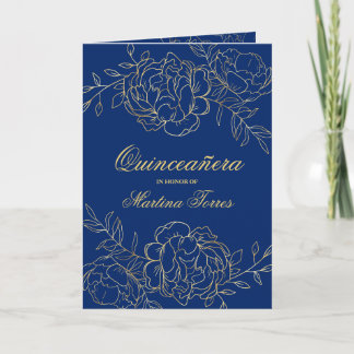 Elegant Gold Royal Blue Fine Floral Quinceanera Einladung