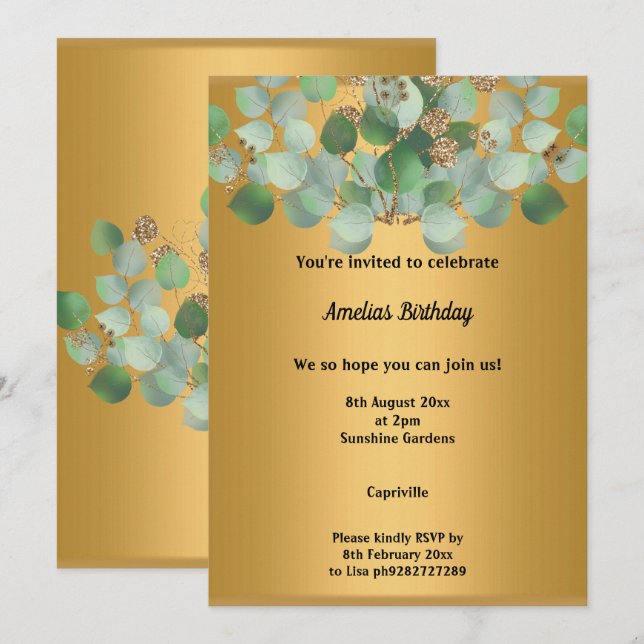 ELEGANT GOLD SAGE EUCALYPTUS BIRTHDAY PARTEI EINLADUNG (Vorne/Hinten)