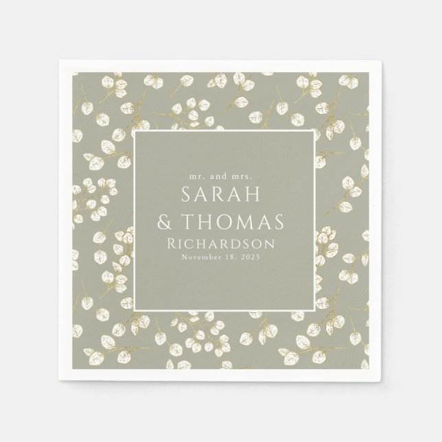 Elegant Gold Sage Green Greenery Eukalyptus Blätte Serviette (Vorderseite)