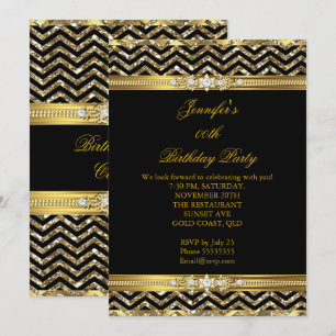 Elegant Gold Schwarz Chevron Diamant Geburtstag 2 Einladung