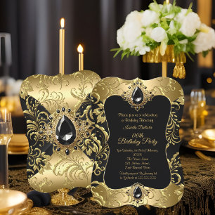 Elegant Gold Schwarz Juwel Damast Geburtstagsfeier Einladung