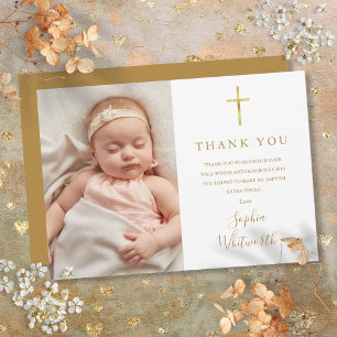 Elegant Gold Script Baptism Christening Photo Dankeskarte