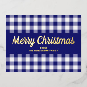 Elegant Gold Script Blue Gingham Frohe Weihnachten Folien Feiertagspostkarte