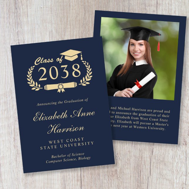 Elegant Gold Script Blue Photo College Graduation Ankündigung (Elegant Gold Script Blue Photo College Graduation Announcement)