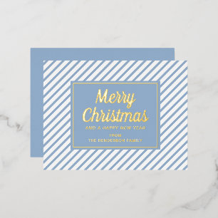 Elegant Gold Script Blue Stripes Frohe Weihnachten Folien Feiertagspostkarte