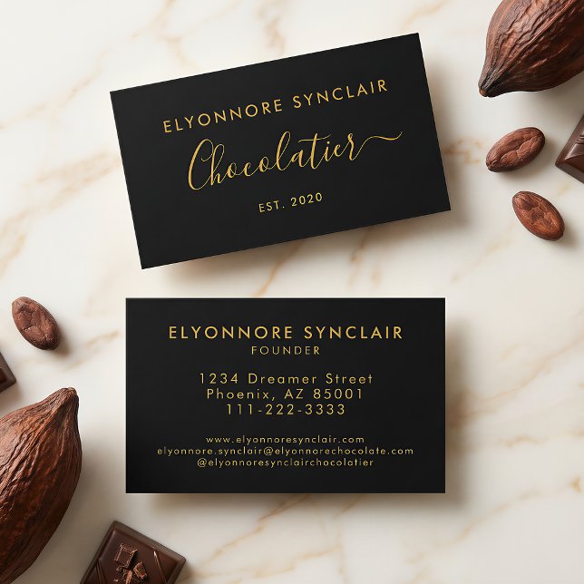 Elegant Gold Script Chocolatier Branding Black Visitenkarte (Von Creator hochgeladen)