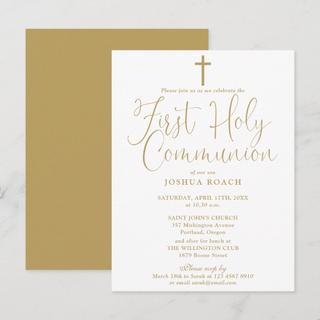 Elegant Gold Script First Holy Communion Postkarte (Vorne/Hinten)